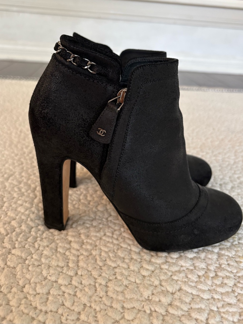 Chanel Black Distressed Calfskin Chain Detail Ankle Boots Booties